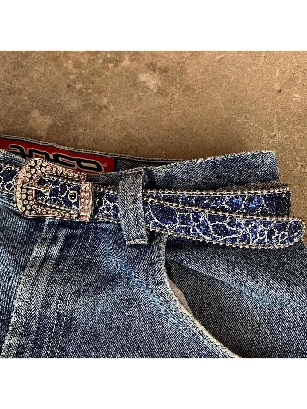 Cyber 2000s vintage Y2k western blue rhinestone belt. 41 inches length. Fits a 2